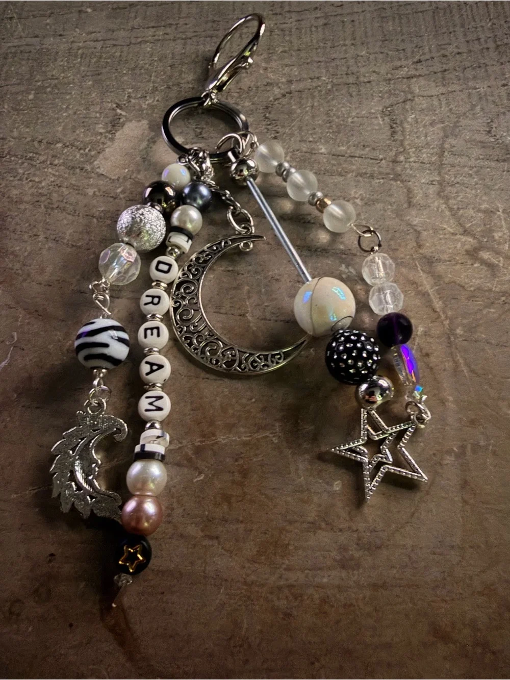 Handmade 'Dream' Bag Charm /Keychain with Moon & Star Accents
